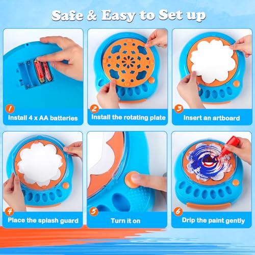 Spin Art Machine for Kids, Paint Spinner Arts & Crafts Gift Kit, Ages 4-12 | Includes machine, 36 artboards, 7 washable paints & splatter guard. Easy-clean, screen-free STEAM gift for girls & boys - color: Blue