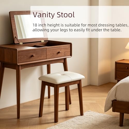 Solid Wood Vanity Stool with Cushion | 11"D x 15"W x 18" H - Small Wooden Ottoman Bench Chair Padded Seat for Bedroom/Living Room/Office/Makeup Vanity - color: Beige White - 18"h