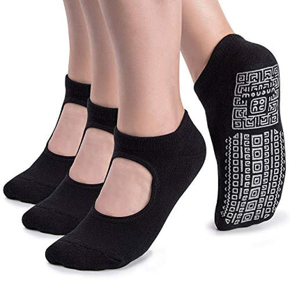 Non Slip Grip Yoga Socks for Women with Cushion for Pilates, Barre, Home - color: 3 Pairs-3 Black