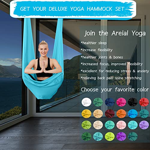 5.5 Yards Aerial Silks Yoga Swing Set - Aerial Yoga Hammock Kit Anti-Gravity Flying for Fitness, Low/Non Stretch Nylon Tricot Fabric Hardware Included for Dance - color: AQUA BLUE