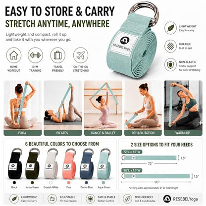 Yoga Strap for Stretching, Non-Elastic Yoga Belt with D-Ring - color: Aqua Green, size: 6Feet/1.8M