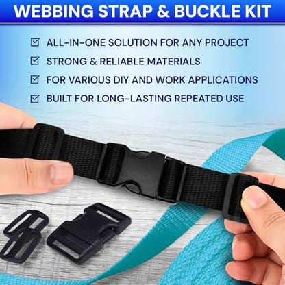 TECEUM 1.5" Nylon Strap Kit with Buckles, Black 6 yards Repair Set | Heavy duty hardware kit: 6yd webbing, 6 quick release buckles, 12 tri-glide slide clips, 6 metal D-rings for crafting. - color: Black, size: 1.5" - 6 yards, style: 6 Buckle - 12 Slides -