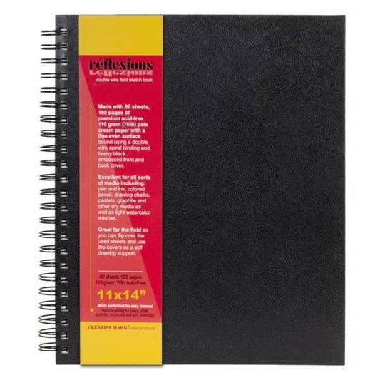 Creative Mark Double Wire Spiral Bound Field Sketch Book [160 Pages - 11 x 14], Black Embossed Leatherette Journal, Light Cream Acid-Free Paper, Perfect for Dry Media and Drawing - size: 11 x 14" - Single