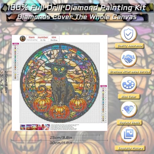 Halloween Cat Diamond Art Kits for Adults Diamond Painting Kit for Beginner | Black Cat Animal 5D Funny DIY Diamond Dots Full Drill Crafts for Gem Art Dot Art for Adults Home Wall Decor for Teens 12x12in - color: Halloween Stained Glass Black Cat