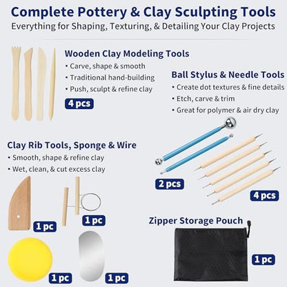 KMSUPERB Pottery Tools Kit with BatMate, 27PCS Clay Sculpting Tools Set, 12" Anti-Slip Pottery Wheel Bat Mat for Ceramics, Polymer Clay, Shaping, Trimming & Carving
