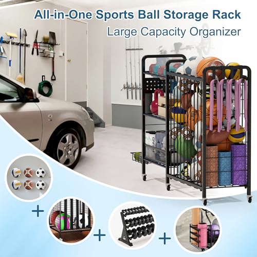 Sports Equipment Garage Organizer,Garage Ball Storage Rack for Sports with Wheels-Upgraded 3 Layers Organizer Rack Outdoor Basketball Racks for Balls with Holder and Hooks (Deep Black) - color: Deep Black