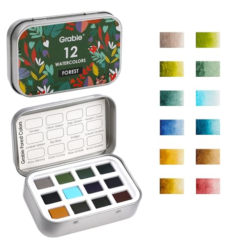 Grabie 12 Color Travel Watercolor Paint Set, Pocket Palette, Forest | 12 Forest Watercolor Colors, Pocket Compact Watercolor Palette For Sketching & Painting, Beginner-Friendly Paint Set - color: Forest
