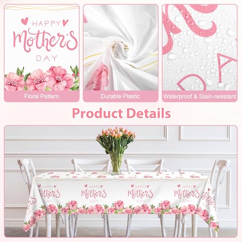 Kochorie 2 Pack Mother's Day Tablecloths 108 x 54 Inch Happy Mother’s Day Table Covers Disposable Waterproof Plastic Tablecloth for MOM's Day Party Supplies Home Outdoor Dining Table - style: Mother's Day