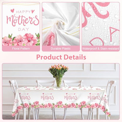 Kochorie 2 Pack Mother's Day Tablecloths 108 x 54 Inch Happy Mother’s Day Table Covers Disposable Waterproof Plastic Tablecloth for MOM's Day Party Supplies Home Outdoor Dining Table - style: Mother's Day