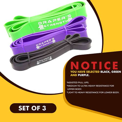 Draper's Strength Heavy Duty Resistance Stretch Loop Bands for Powerlifting Workout Exercise and Assisted Pull Ups - color: #10 3 Band Set Black-Green