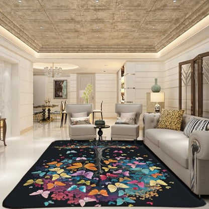 Living Room Rugs Butterfly Tree Carpet, Low Pile mat, Rubber Backing, Washable Non-Slip Large Rug for Dining Room Bedroom, Black 2'x3' - color: Butterfly 4, size: 2'x3'