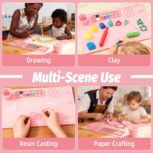 Silicone Painting Mat, 23.6x15.8in Art Drawing Mat with Brushes | For children DIY art watercolor clay use, table protection craft mat, painting station with cup palette cleaning cup, pink - color: Pink