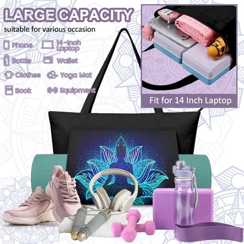 Yoga Bag for Women, Large Canvas Yoga Mat Tote Bag with Yoga Mat Carrier - color: Blue Lotus