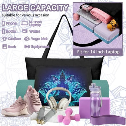 Yoga Bag for Women, Large Canvas Yoga Mat Tote Bag with Yoga Mat Carrier - color: Blue Lotus
