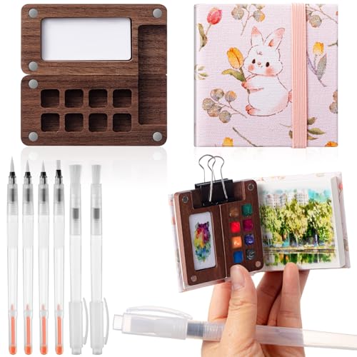 Qilery Mini Portable Watercolor Palette Set Wooden Grid Paint Box Watercolor Paper Sketch Book Brush Pens with Binder Clip for Painters Artist Not Include Paint(Rabbit) - style: Rabbit