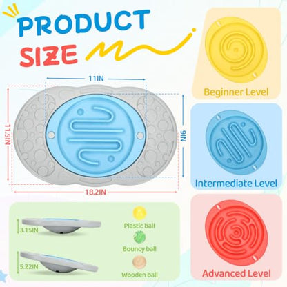 Kids 2-in-1 Maze Balance Board with 3 Swap Labyrinth Plates & 3 Balls
