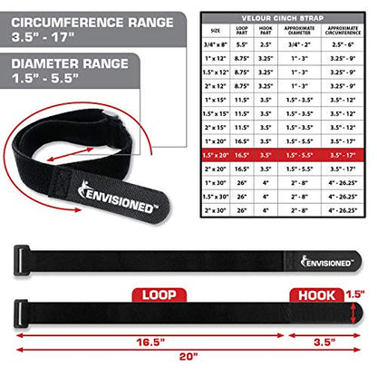 Velour Cinch Straps 1.5" x 20" - 6 Pack, Soft Touch Microfiber Reusable Hook and Loop - Plus 2 Free Bonus Reusable Cable Ties - size: 1.5" x 20"