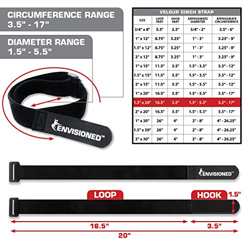 Velour Cinch Straps 1.5" x 20" - 6 Pack, Soft Touch Microfiber Reusable Hook and Loop - Plus 2 Free Bonus Reusable Cable Ties - size: 1.5" x 20"