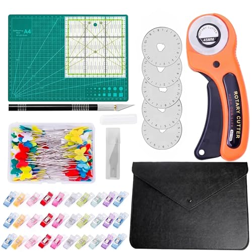 45mm Rotary Cutter Kit for Fabric, Complete Sewing & Quilting Kit with Self-Healing A4 Cutting Mat, Ruler, Blades & Accessories for Beginners DIY Crafts (95Pcs, 9" x 12" (A4)