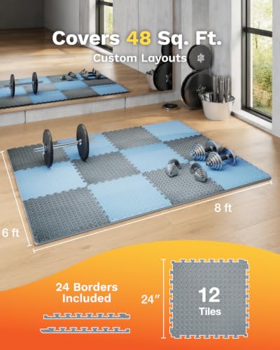 AIRHOP Upgraded 0.79" Extra Thick 48 Sq Ft High-Density Eva Foam Exercise Gym Mats, 12 Pcs Large Interlocking Puzzle Floor Tiles (24"x24") for Home Gym - color: Black/Blue