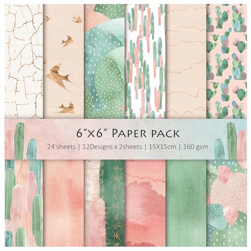 Scrapbook Paper, 24 Sheets 6"×6" 160gsm Single-Sided Patterned Cardstock | Vintage Decopodge Scrapbook Supplies, Junk Journal Decorative Crafts DIY Album Card Making Art Journaling.Cactus - color: 24 sheets-cactus