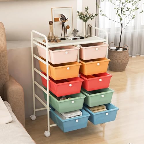 10 Drawer Rolling Cart, Storage Cart Organizer on Wheels, Drawer Cart with Metal Frame & Large Storage Capacity, Rolling Cart with Drawers for Living Room Classroom, Office - color: Macaron, size: 10 Drawer