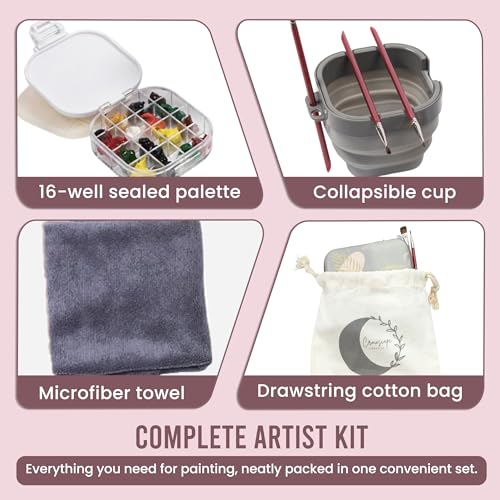 Airtight Watercolor Palette with Lid - Set of 5 Paint Brush Holder Cup with Paint Palette | Acrylic Paint Palette | Paint Brush Cleaner Cup | Painting Accessories | Painting Palette Gifts for Artists - color: Palm Leaf