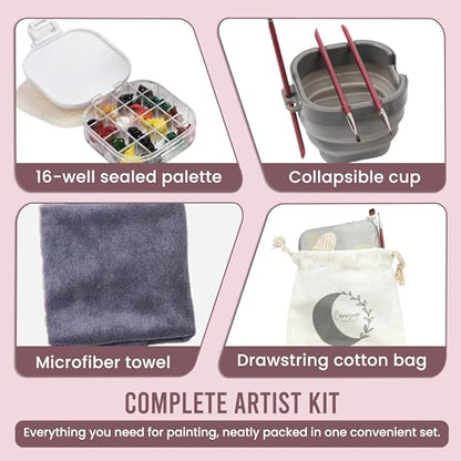 Airtight Watercolor Palette with Lid - Set of 5 Paint Brush Holder Cup with Paint Palette | Acrylic Paint Palette | Paint Brush Cleaner Cup | Painting Accessories | Painting Palette Gifts for Artists - color: Palm Leaf