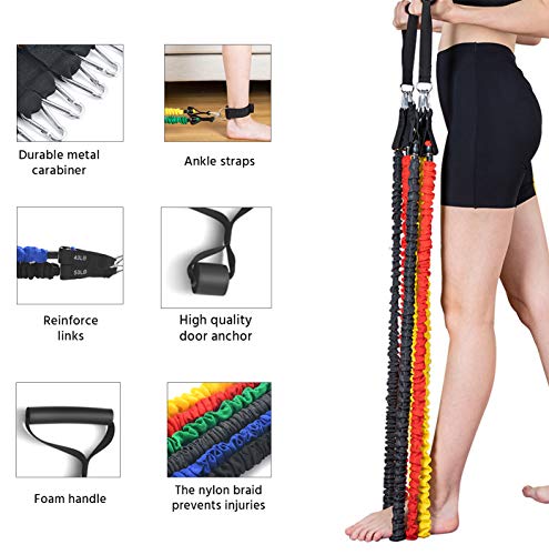 EILISON Resistance Band Kit with Heavy Duty Protective Sleeves for Safe Workout and Soft Anti-Slip Foam Handle, Door Anchor, Ankle Strap for Men and Women Stackable