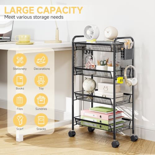 KINGRACK 4 Tier Rolling Cart, Metal Utility Storage Cart with Pegboard | Screwless Assembly, Lockable Wheels, 4 Hooks & 1 Bin, Mobile Organizer for Bathroom Kitchen Office Craft Room Laundry, Black - color: Black, size: 4-Tier