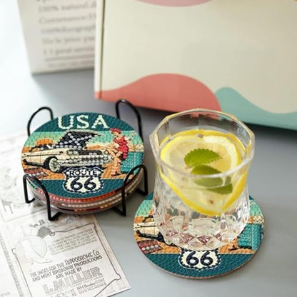 Mrnsiet 8 Pcs Car Diamond Art Coasters Kits for Adults, Highway Landscape Diamond Painting Coaster with Holder, Non Slip Hardwood Bases Coaster Set Gift for Beginners 4x4 Inch - color: BDWY195