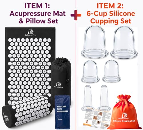 Black Acupressure Mat & Pillow + 6-Cup Cupping Set Bundle