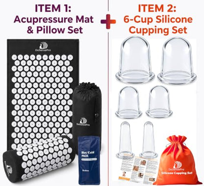 Black Acupressure Mat & Pillow + 6-Cup Cupping Set Bundle
