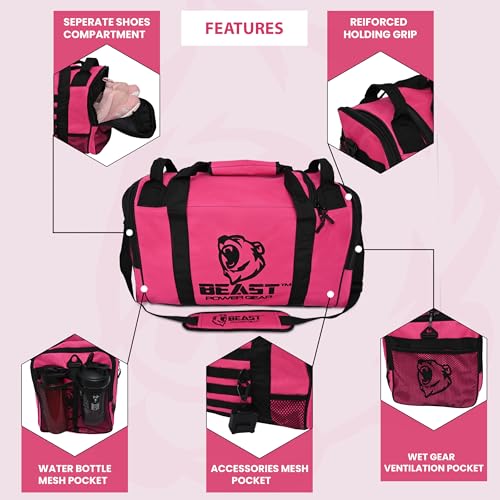 Beast Power Gear Gym Duffle Bag- Workout, Boxing, MMA, Sports Bag with Shoes Compartment and Adjustable Shoulder Strap for Men and Women (Pink/Black) - color: Pink/Black