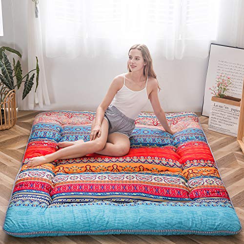 MAXYOYO Bohemian Retro Floor Mattress Vintage Floral Japanese Futon Mattress Roll Up Tatami Floor Mat Portable Camping Mattress Sleeping Pad Floor Lounger Couch Twin Size | Sleeping Pad Foldable Roll Up Mat Boys Girls Dormitory Pad Kids Floor Lounger, Boh