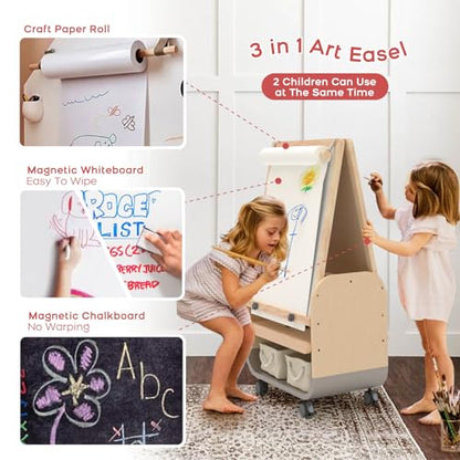 3-in-1 Kids Art Easel with Wheels - Height Adjustable, Dual-Sided Magnetic Chalkboard & Whiteboard, Storage Bags Included - Mobile Art Station for Children, 25"x21" Extra-Large Drawing Board - style: Rolling Easel