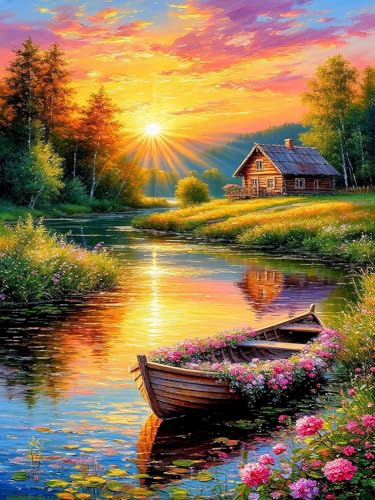 Diamond Art Kits for Adults & Beginners, Sunset Diamond Painting Kit | 5D Full Drill Gem Art with Countryside Riverside Cabin, Round Diamond Dots, Home Wall Decor & Gift, 12 x 16 Inch - color: HMDPUS-25906