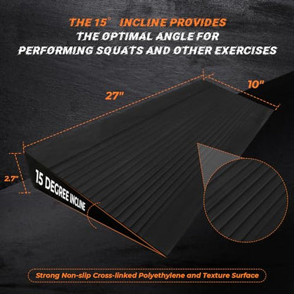 Squat Wedge Block, One-Piece Slant Board for Heel Elevated Squats Item Highlight: 27 x 10 in, 15° slant board; 6 silicone pads; calf stretches, deadlifts & mobility; 4,000 lb pressure-tested