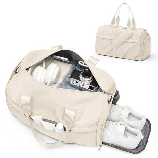 Gym Bag for Women with Shoe Compartment, Sport Travel Duffel Bag for Men | Waterproof Weekender Overnight Carry on Duffle Bag with Trolley Sleeve for Traveling, Yoga, Gym, Airplane -Beige - color: Beige