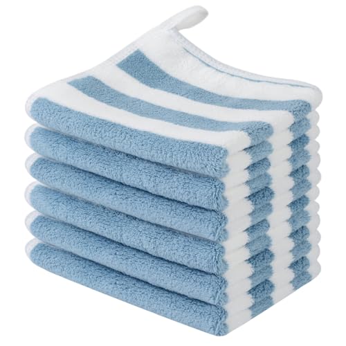 Microfiber Facial Cloths Fast Drying Washcloth 12x12inch Stripes 6 pack - color: Blue Stripes, size: 1 Count (Pack of 6)