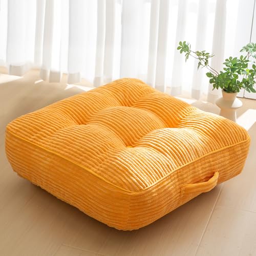 HIGOGOGO 6" Extra Thick Floor Pillow Cushion for Adults, Meditation Cushion Pillow, Large Square Floor Sitting, Tufted Corduroy Cover, for Tatami Living Room or Yoga, 22x22 Inch, Orange - color: Square Orange, size: 6" Thick(Pack of 1)