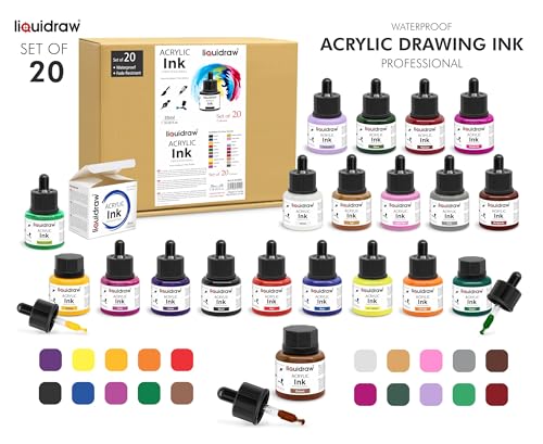 Liquidraw Acrylic Drawing Ink - 20 Assorted Colours | 35 ml Bottles with Ink Dropper | Suitable for Painting, Art Drawing & Design | for Professionals, Artists, Students & Hobbyists | Waterproof - style: Set of 20 (Assorted Colours)
