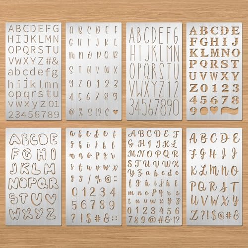 Eageus 8 Pcs Metal Letter Stencils Wood Burning Stencil Lettering Stencils, Small Reusable Alphabet Painting Template for Carving Drawing Engraving Journal Pyrography Craft(Letter Style) - style: Letter Style