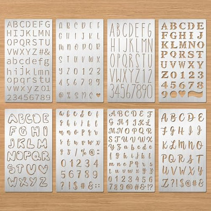 Eageus 8 Pcs Metal Letter Stencils Wood Burning Stencil Lettering Stencils, Small Reusable Alphabet Painting Template for Carving Drawing Engraving Journal Pyrography Craft(Letter Style) - style: Letter Style