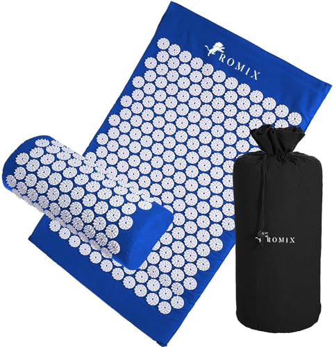 ROMIX Acupressure Mat and Pillow Set, Acupuncture Mat for Back Pain, Neck, Shoulder Pain Relief, Stress Reduction, Wellness Therapy, Cushioned Acupressure Mats with Carry Bag for Men and Women - color: Blue