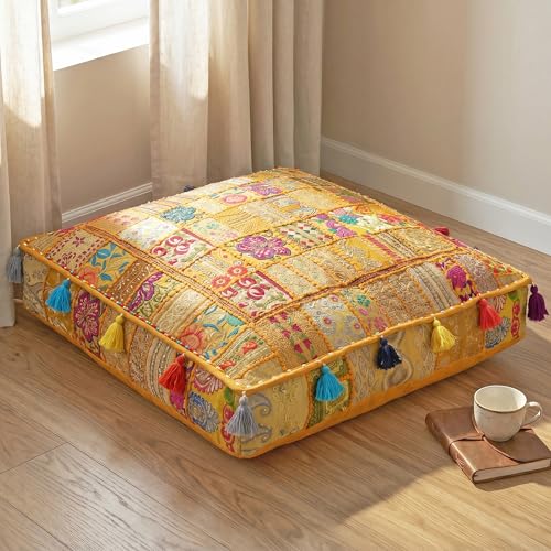 THE ART BOX Cotton Patchwork Vintage Boho Embroidered Floor Pillows & Cushion Cover Dog Pouf Seating Pouf Meditation Pillow Pet Bedding Cat Bed Boho Home Décor (35x35 Inches, Cover Only) - color: Yellow