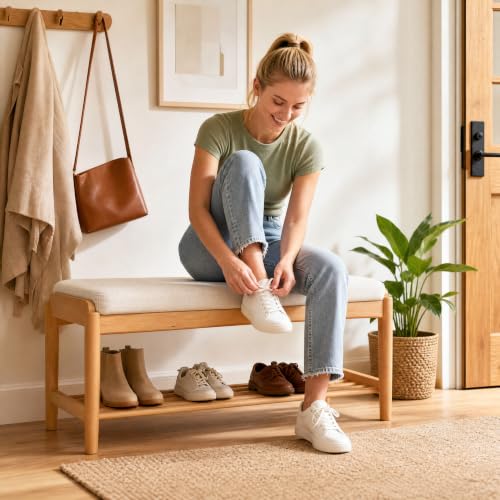 Solid Wood Shoe Bench, 40 Inch Entryway Bench with Light Gray Cushion - color: Natural + Light Gray Cushion, size: 39.37"