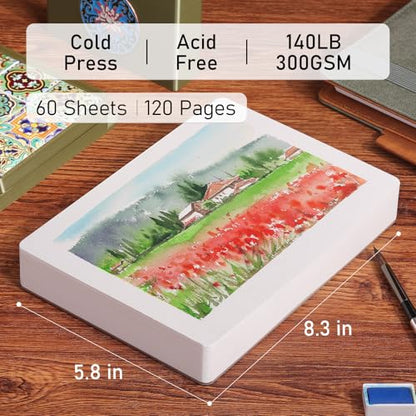 FLUNBRATO Watercolor Paper Pad, 60 Sheets, 8.3 x 5.8 in, Cold Press 100% Cotton, 140LB/300GSM Acid-Free Square Art Pad, Two-Edge Glued, for Gouache, Ink and Mixed Media - size: A5 (8.3 x 5.8 in)