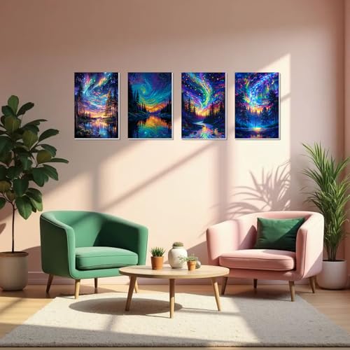 4 Pack Framed Paint by Numbers Kit for Adults Beginner Canvas Painting by Numbers for Adults Starry Night Easy Adult Paint by Number Kits with Frame Tree Watercolor Painting by Number 8x12 Inch - color: Starry Night Framed Paint by Numbers Kit