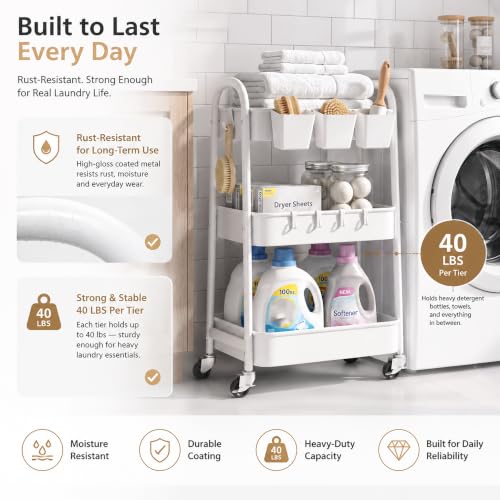Heavy Duty 3 Tier Rolling Cart Metal with Wheels, White Three Tiered Shelf | Utility Roller Storage Carts Organizer on Wheels for Art, Craft,Baby Nursery, Diaper Caddy,Postpartum,Bedside,Cleaning Supply - color: Pure White